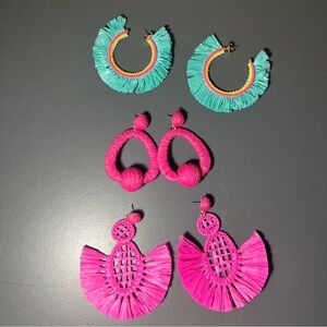 3 Pairs of Straw Husk Boho Earrings Pink & Turquoise Bonus Free Gift